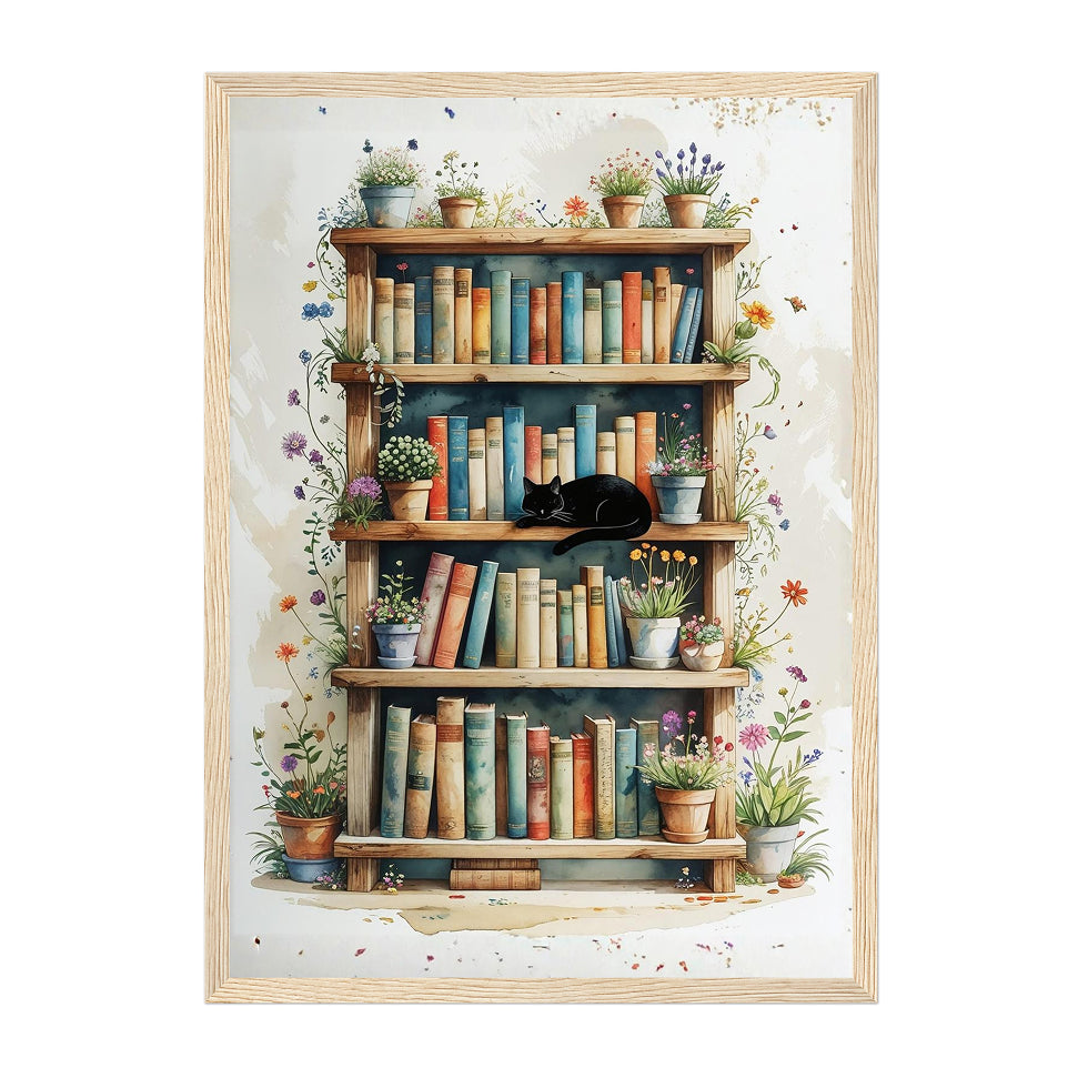 Flower Pot Bookshelf Art Print: Black Cat and Floral Reading Nook Vintage Pastel Tones