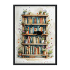 Flower Pot Bookshelf Art Print: Black Cat and Floral Reading Nook Vintage Pastel Tones