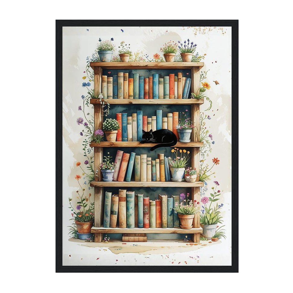 Flower Pot Bookshelf Art Print: Black Cat and Floral Reading Nook Vintage Pastel Tones