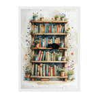 Flower Pot Bookshelf Art Print: Black Cat and Floral Reading Nook Vintage Pastel Tones