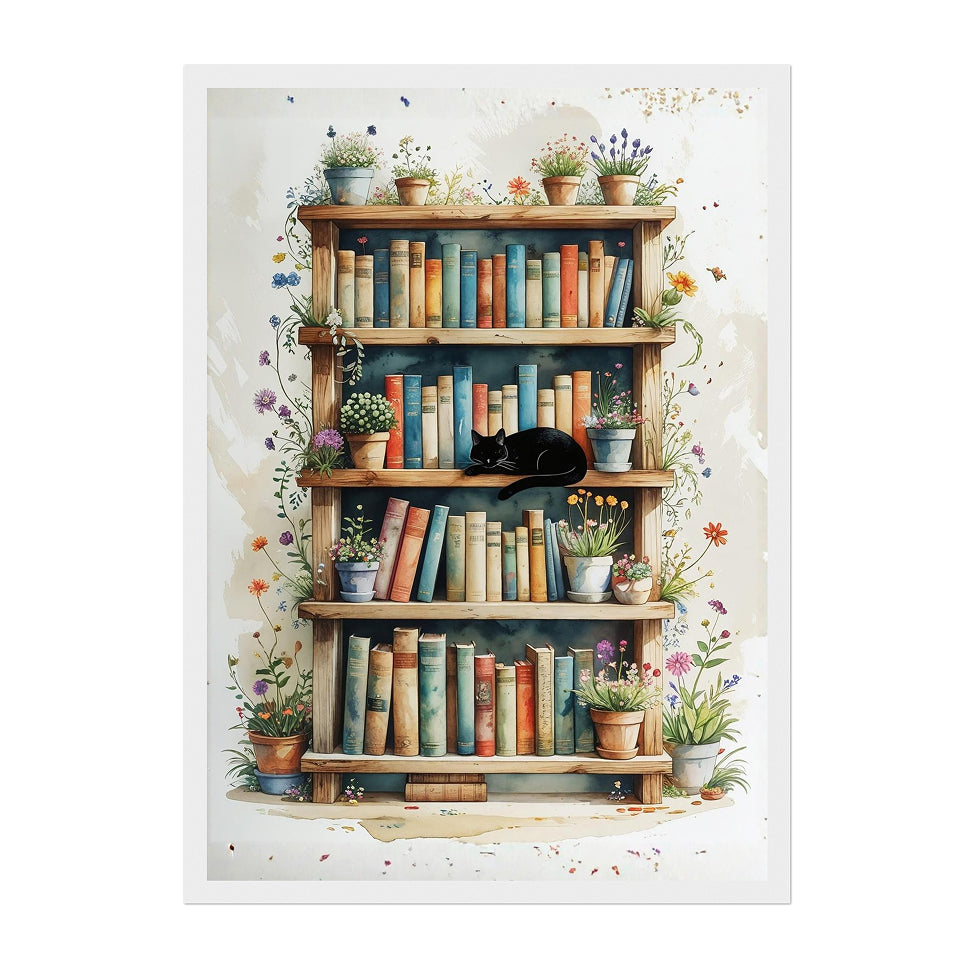 Flower Pot Bookshelf Art Print: Black Cat and Floral Reading Nook Vintage Pastel Tones