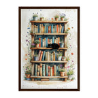 Flower Pot Bookshelf Art Print: Black Cat and Floral Reading Nook Vintage Pastel Tones