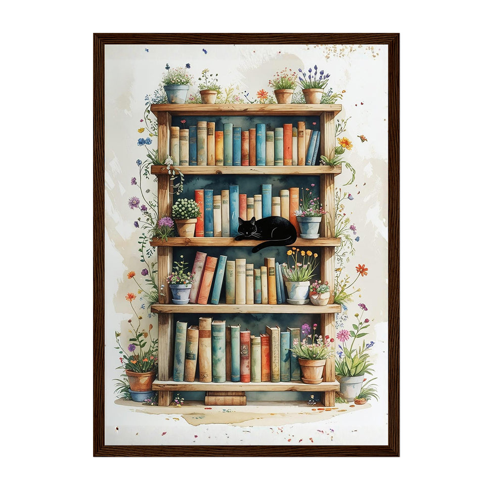 Flower Pot Bookshelf Art Print: Black Cat and Floral Reading Nook Vintage Pastel Tones