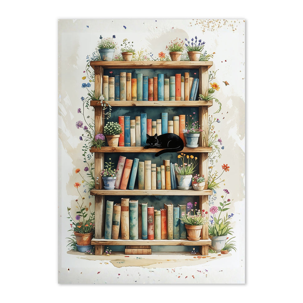 Illustration of a bookshelf with books and plants on a white background