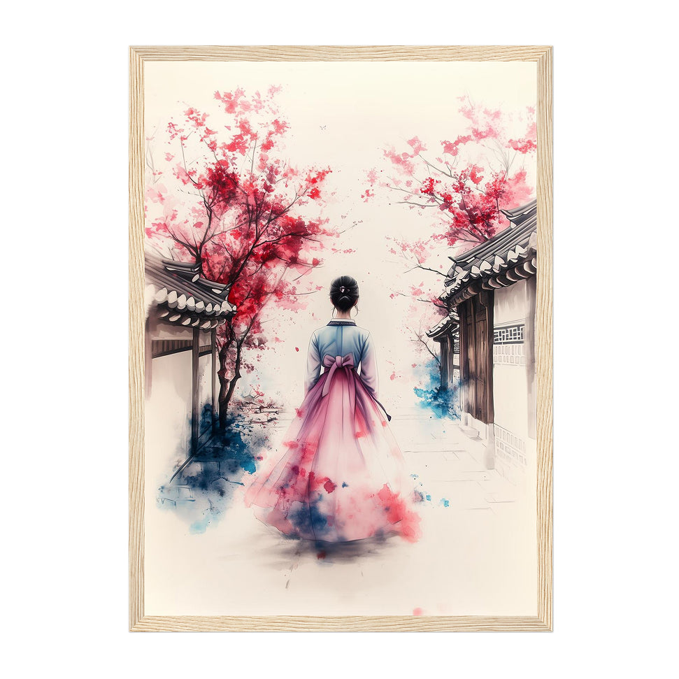 Korean Hanbok Art Print: Pink Blossom, Traditional Asian Decor