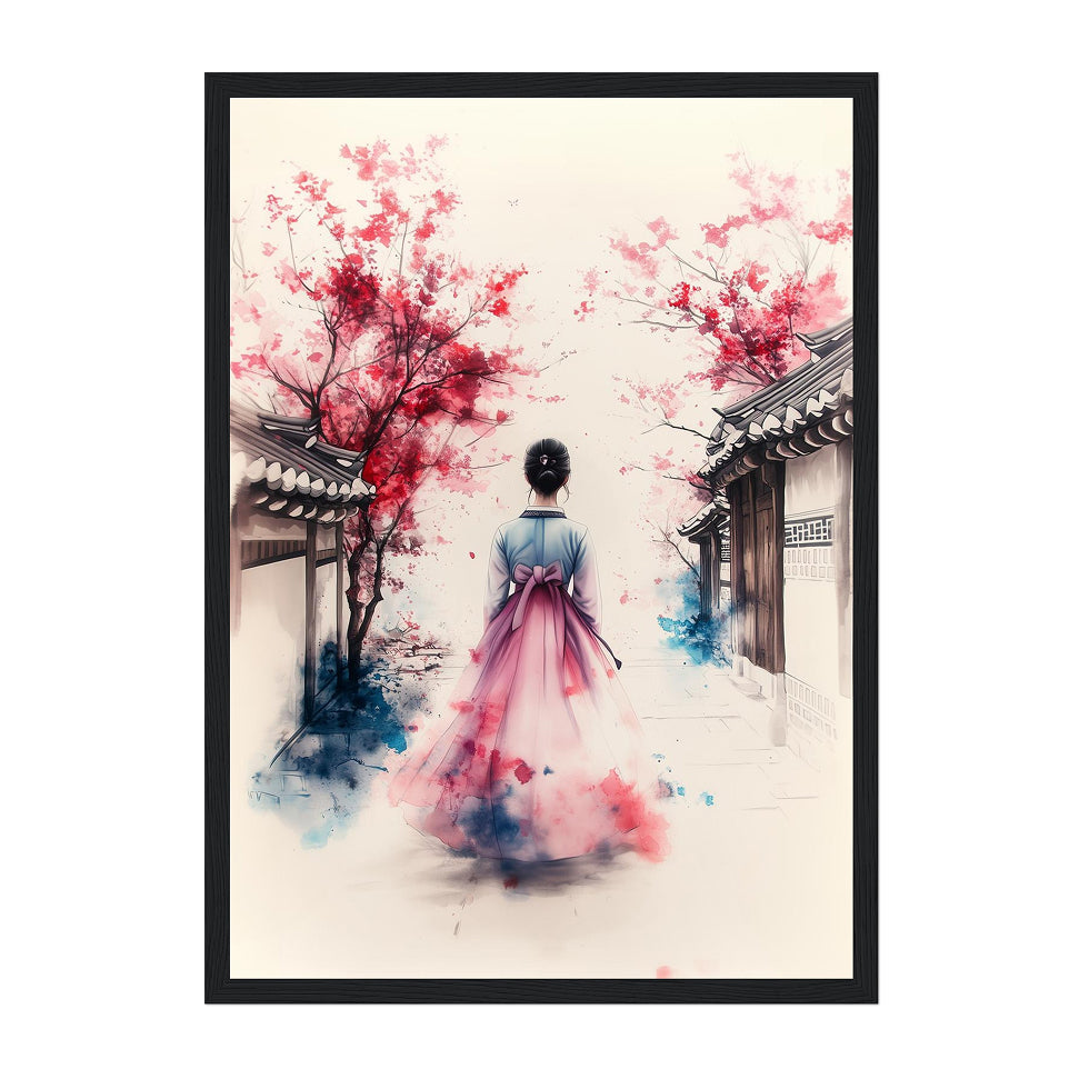 Korean Hanbok Art Print: Pink Blossom, Traditional Asian Decor