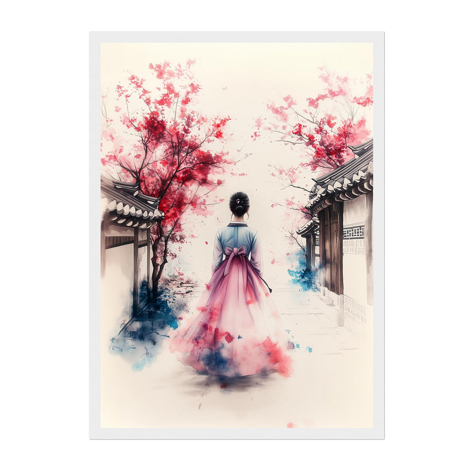 Korean Hanbok Art Print: Pink Blossom, Traditional Asian Decor
