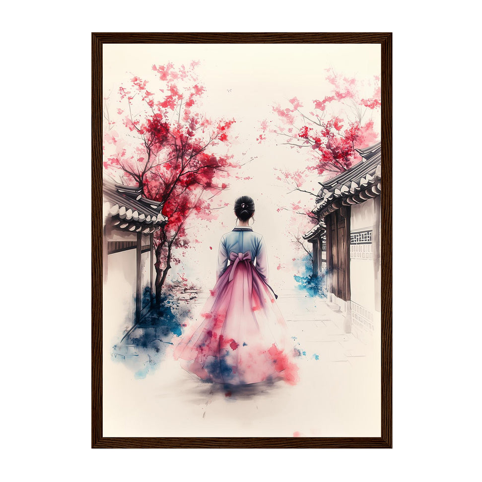 Korean Hanbok Art Print: Pink Blossom, Traditional Asian Decor