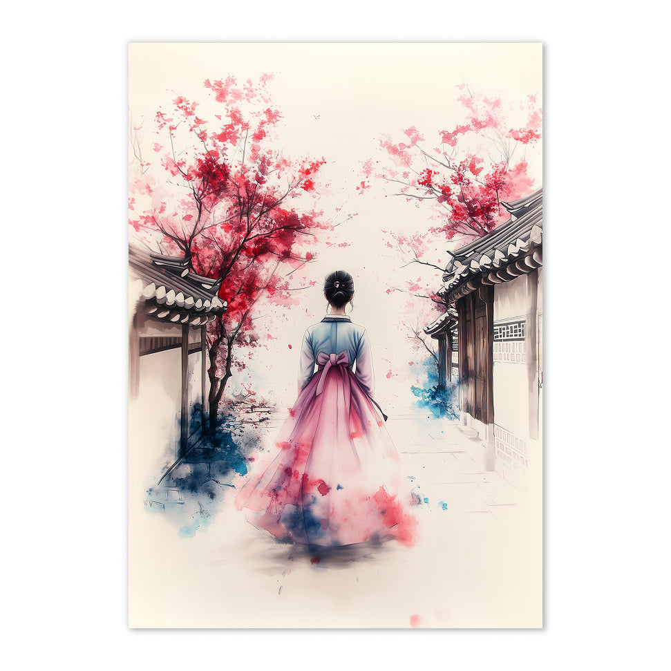 Artistic depiction of a woman in traditional attire walking under cherry blossom trees in a serene setting.