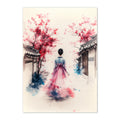Artistic depiction of a woman in traditional attire walking under cherry blossom trees in a serene setting.