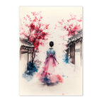 Artistic depiction of a woman in traditional attire walking under cherry blossom trees in a serene setting.