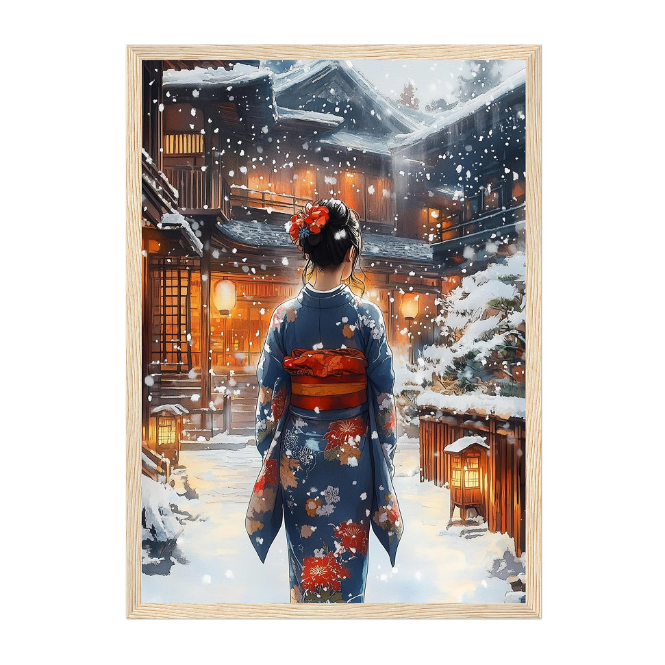 Japanese Winter Street Woman Art Print: Warm Light Snowfall Kimono Scene