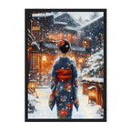 Japanese Winter Street Woman Art Print: Warm Light Snowfall Kimono Scene