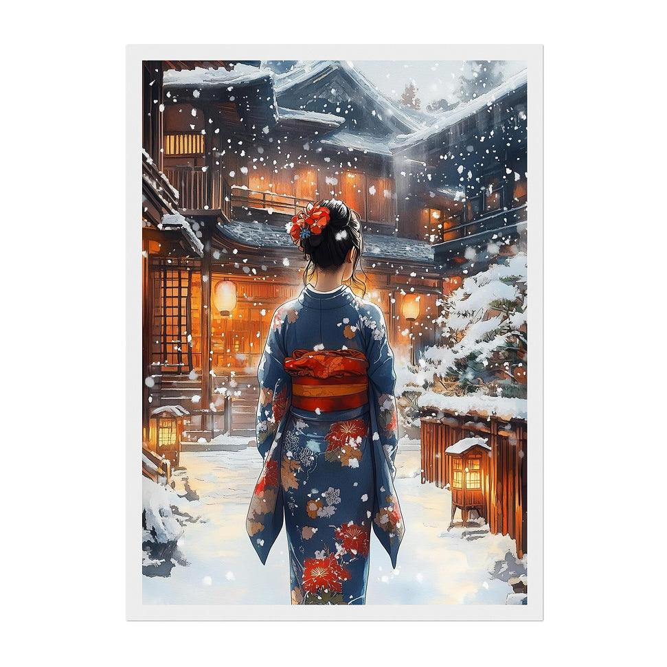 Japanese Winter Street Woman Art Print: Warm Light Snowfall Kimono Scene