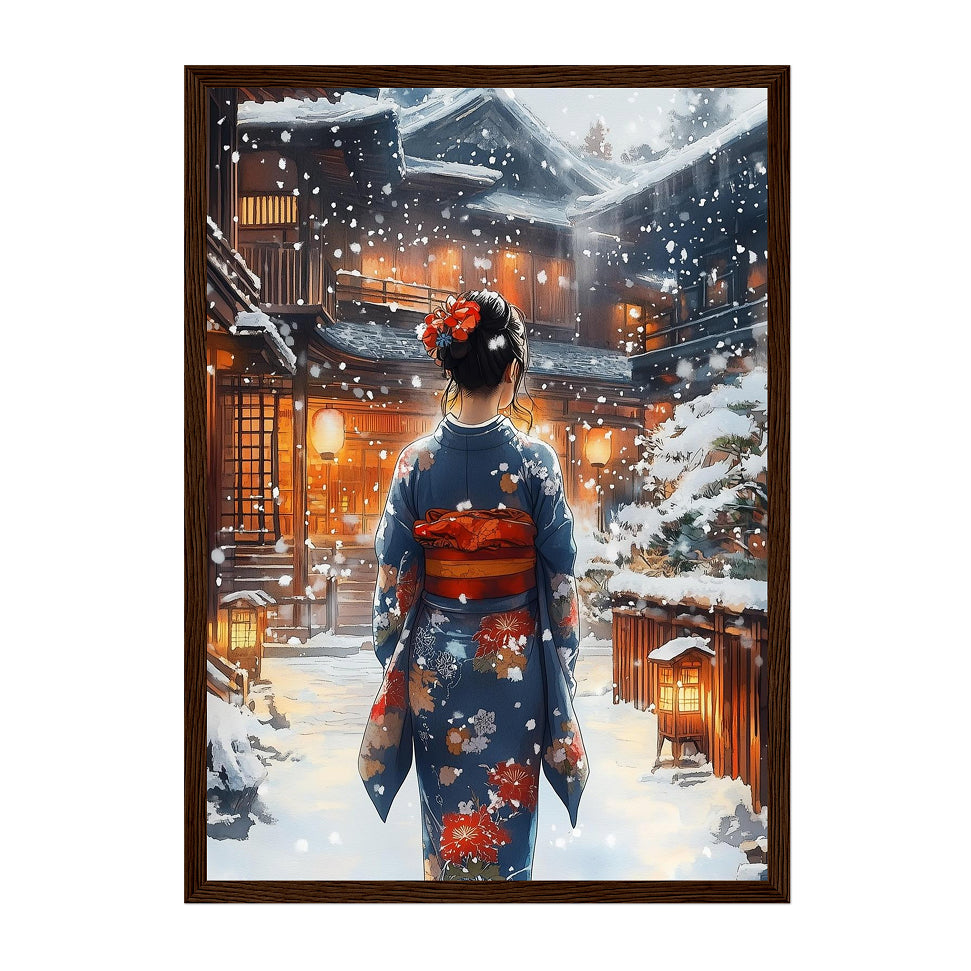 Japanese Winter Street Woman Art Print: Warm Light Snowfall Kimono Scene