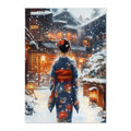 Japanese Winter Street Woman Art Print: Warm Light Snowfall Kimono Scene