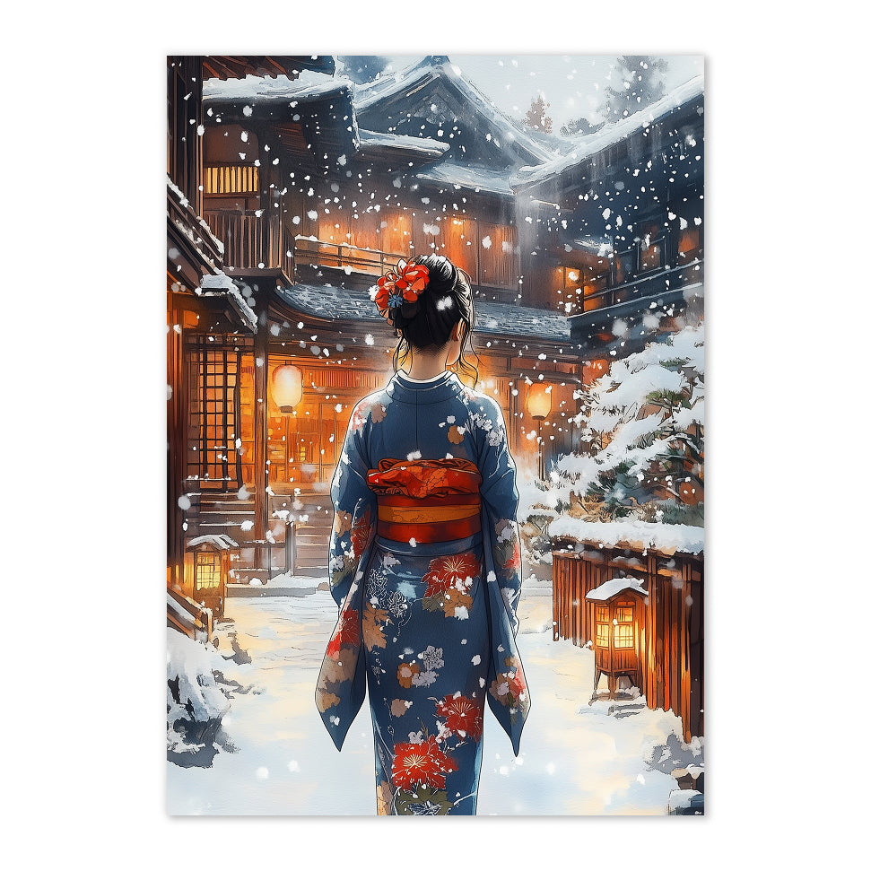 Japanese Winter Street Woman Art Print: Warm Light Snowfall Kimono Scene