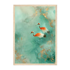 Red Crowned Crane Watercolor Art Print: Teal Gold Asian Bird Decor