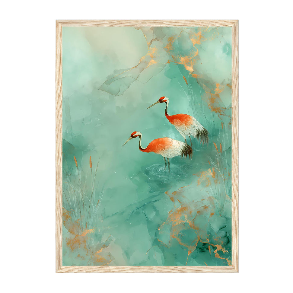 Red Crowned Crane Watercolor Art Print: Teal Gold Asian Bird Decor