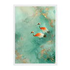 Red Crowned Crane Watercolor Art Print: Teal Gold Asian Bird Decor