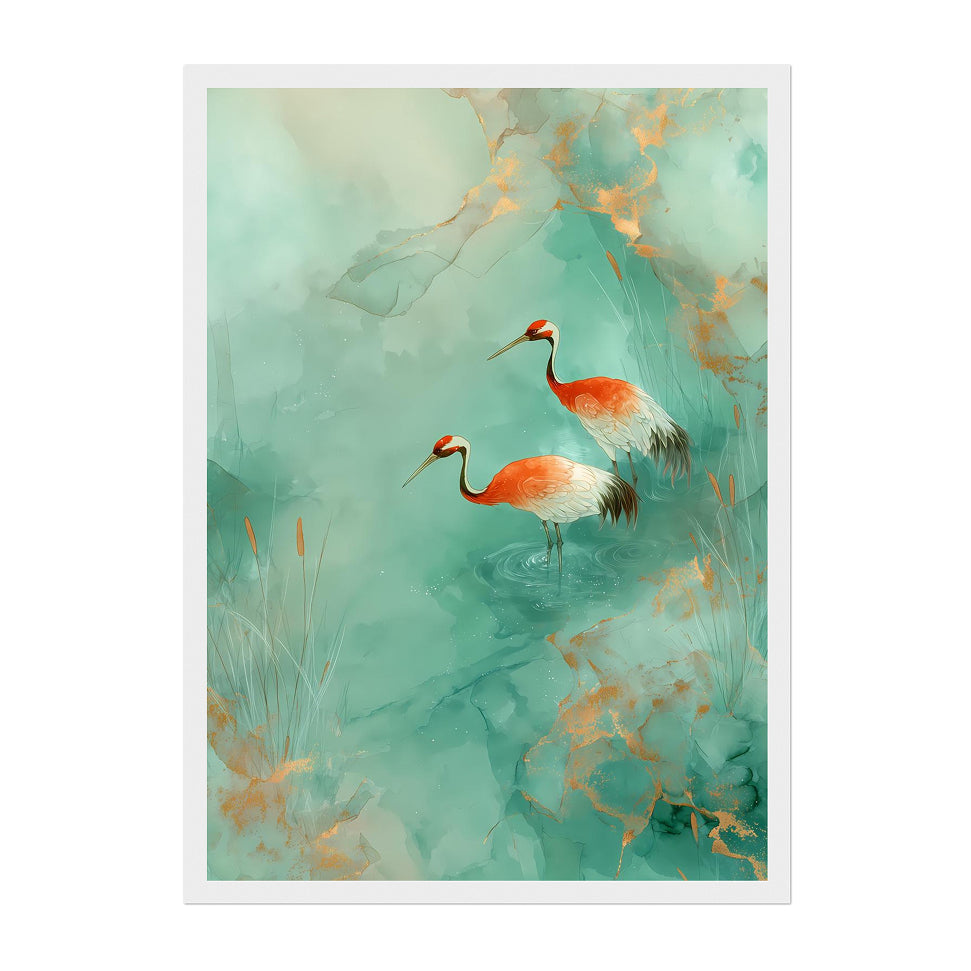Red Crowned Crane Watercolor Art Print: Teal Gold Asian Bird Decor