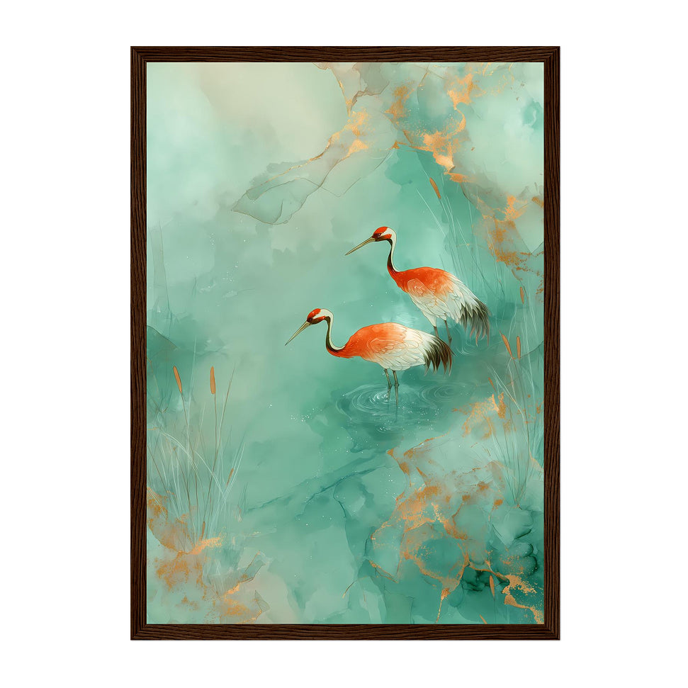 Red Crowned Crane Watercolor Art Print: Teal Gold Asian Bird Decor
