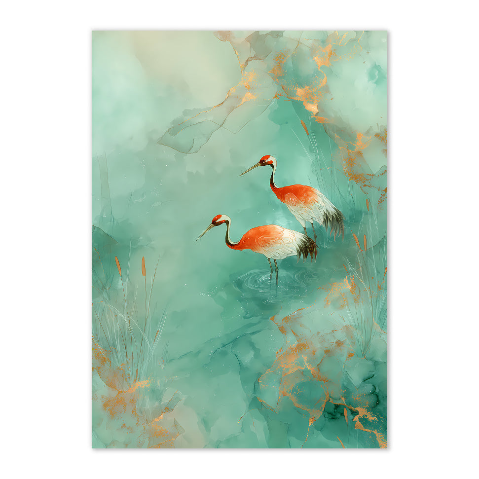 Red Crowned Crane Watercolor Art Print: Teal Gold Asian Bird Decor