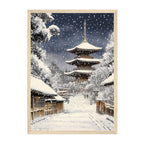 Japanese Pagoda Winter Art Print: Serene Snow Scene in Kyoto Street Landscape