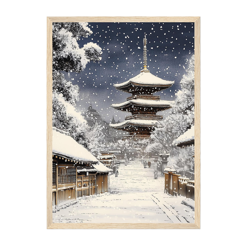 Japanese Pagoda Winter Art Print: Serene Snow Scene in Kyoto Street Landscape