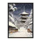 Japanese Pagoda Winter Art Print: Serene Snow Scene in Kyoto Street Landscape