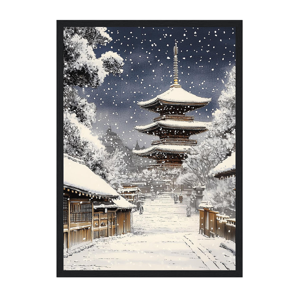 Japanese Pagoda Winter Art Print: Serene Snow Scene in Kyoto Street Landscape