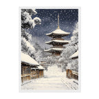 Japanese Pagoda Winter Art Print: Serene Snow Scene in Kyoto Street Landscape