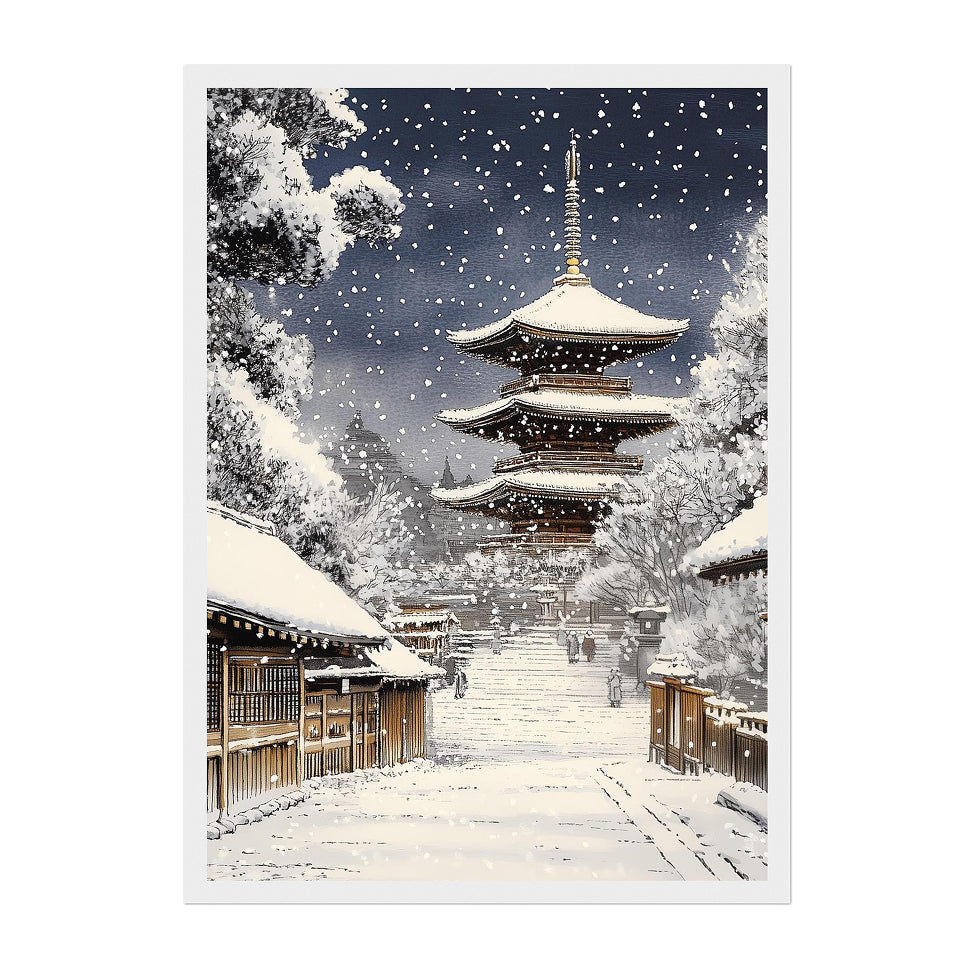 Japanese Pagoda Winter Art Print: Serene Snow Scene in Kyoto Street Landscape