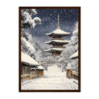 Japanese Pagoda Winter Art Print: Serene Snow Scene in Kyoto Street Landscape