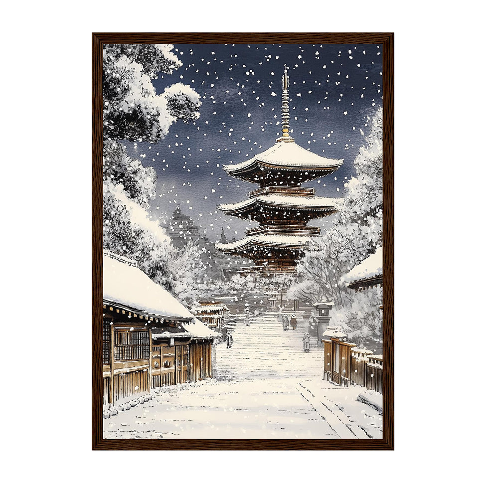 Japanese Pagoda Winter Art Print: Serene Snow Scene in Kyoto Street Landscape