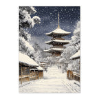 Snowy scene with a traditional Japanese temple and wooden buildings.