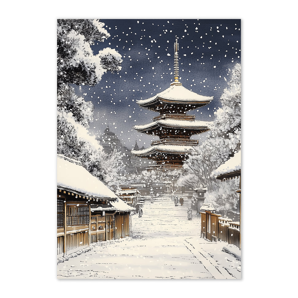 Snowy scene with a traditional Japanese temple and wooden buildings.
