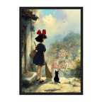 Illustration of a girl with a red bow, a cat, and a broom standing on a hill overlooking a village.