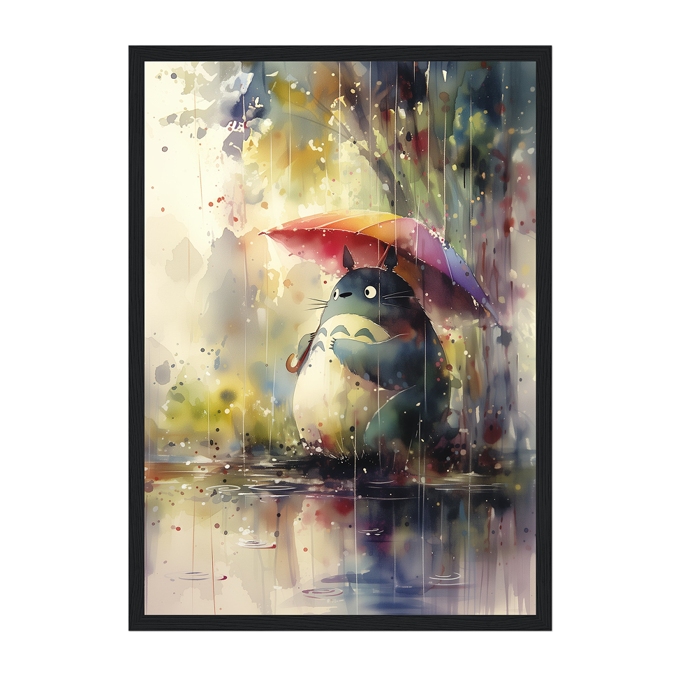 Artistic depiction of the character Totoro holding an umbrella with colorful splashes in the background