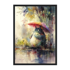 Artistic depiction of the character Totoro holding an umbrella with colorful splashes in the background