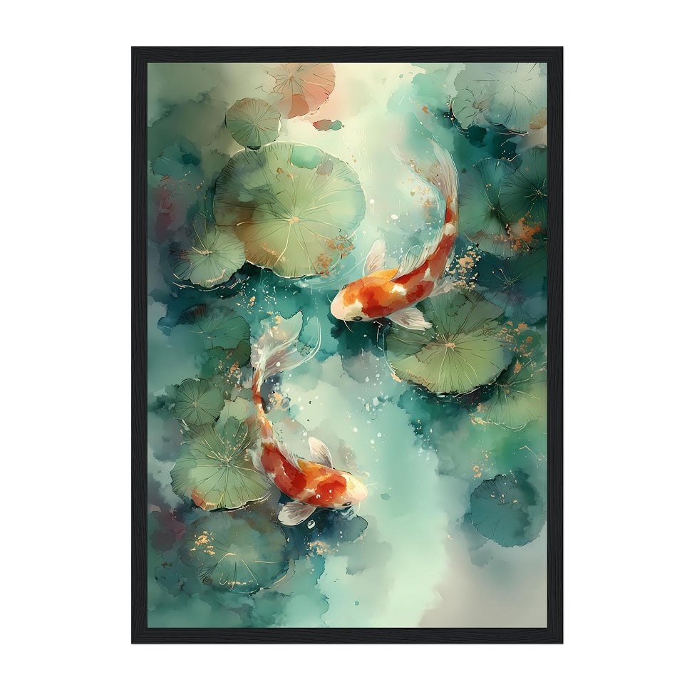 Watercolor Koi Fish Print: Teal Pond, Lily Pads