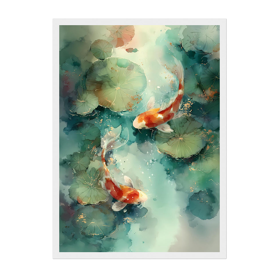 Watercolor Koi Fish Print: Teal Pond, Lily Pads