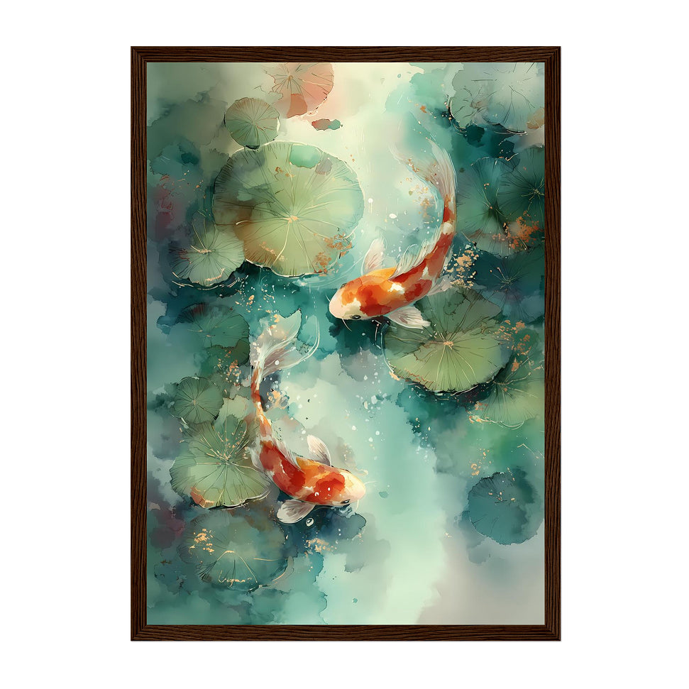 Watercolor Koi Fish Print: Teal Pond, Lily Pads