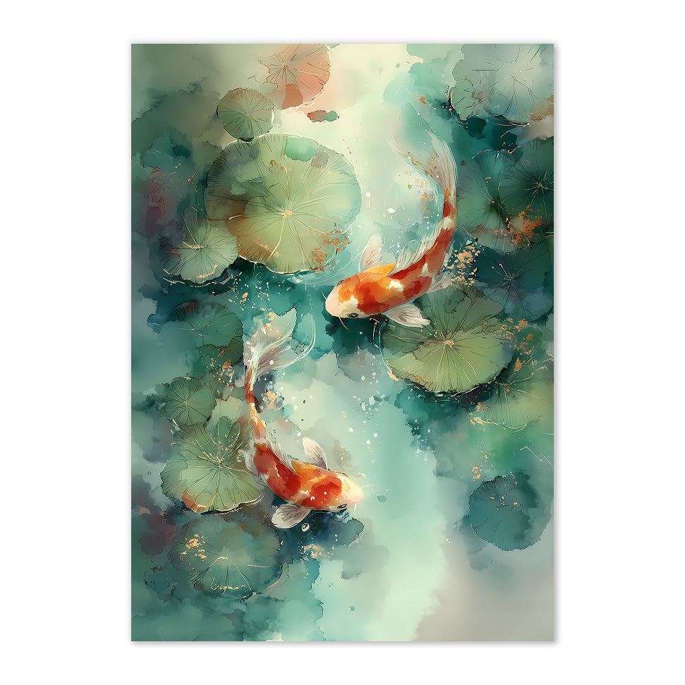 Watercolor Koi Fish Print: Teal Pond, Lily Pads