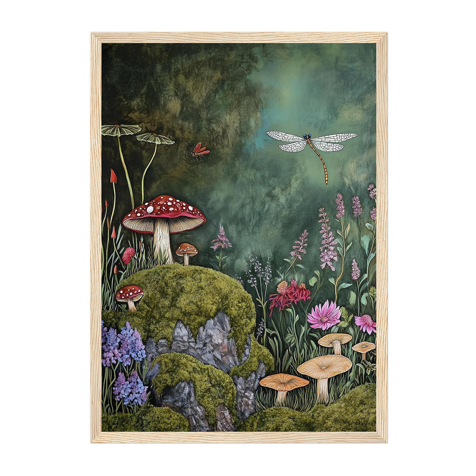 Whimsical Mushroom and Dragonfly Forest Art Print: Cottagecore Decor