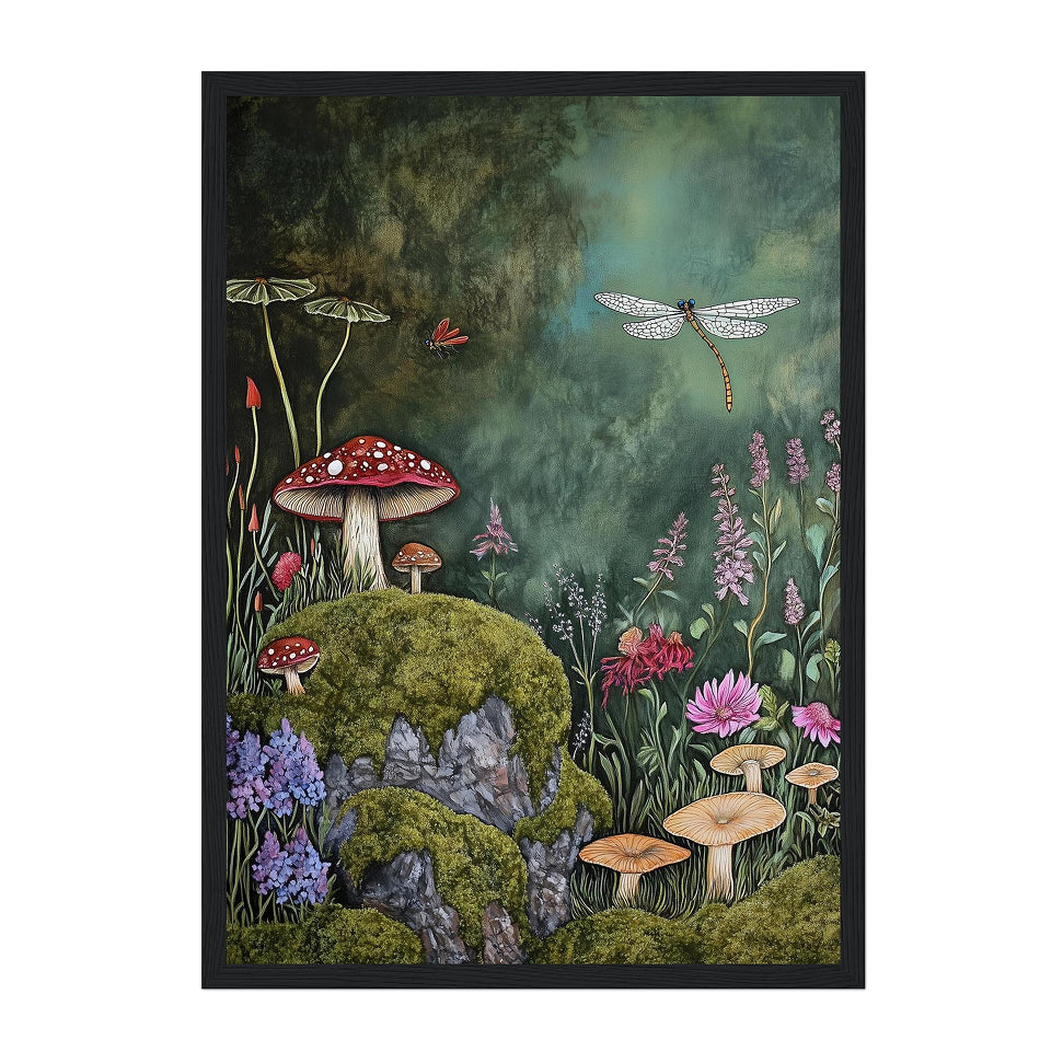 Whimsical Mushroom and Dragonfly Forest Art Print: Cottagecore Decor