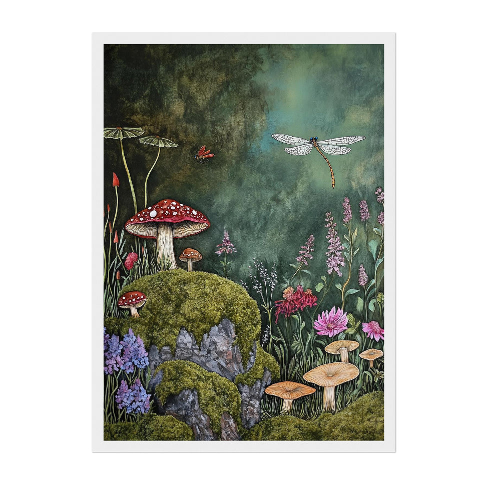 Whimsical Mushroom and Dragonfly Forest Art Print: Cottagecore Decor