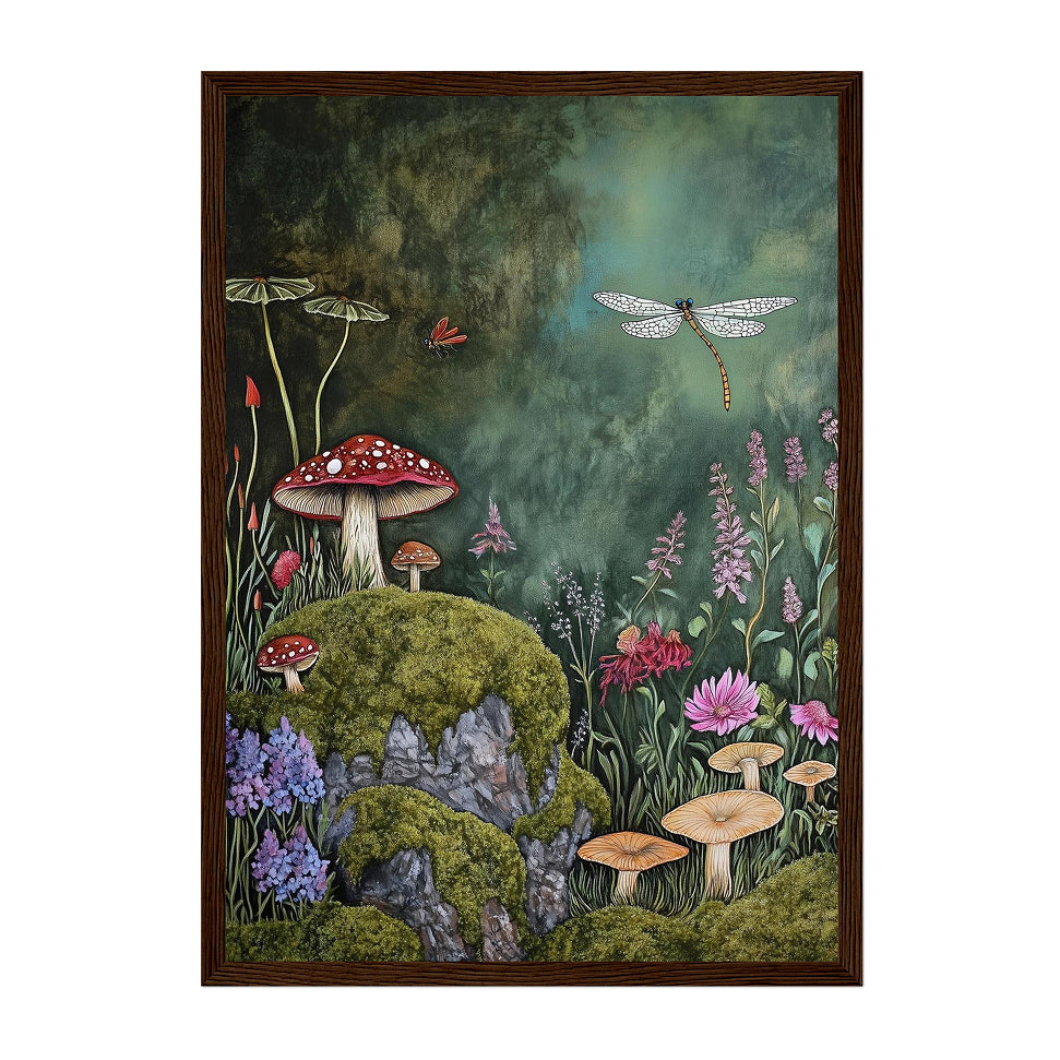 Whimsical Mushroom and Dragonfly Forest Art Print: Cottagecore Decor