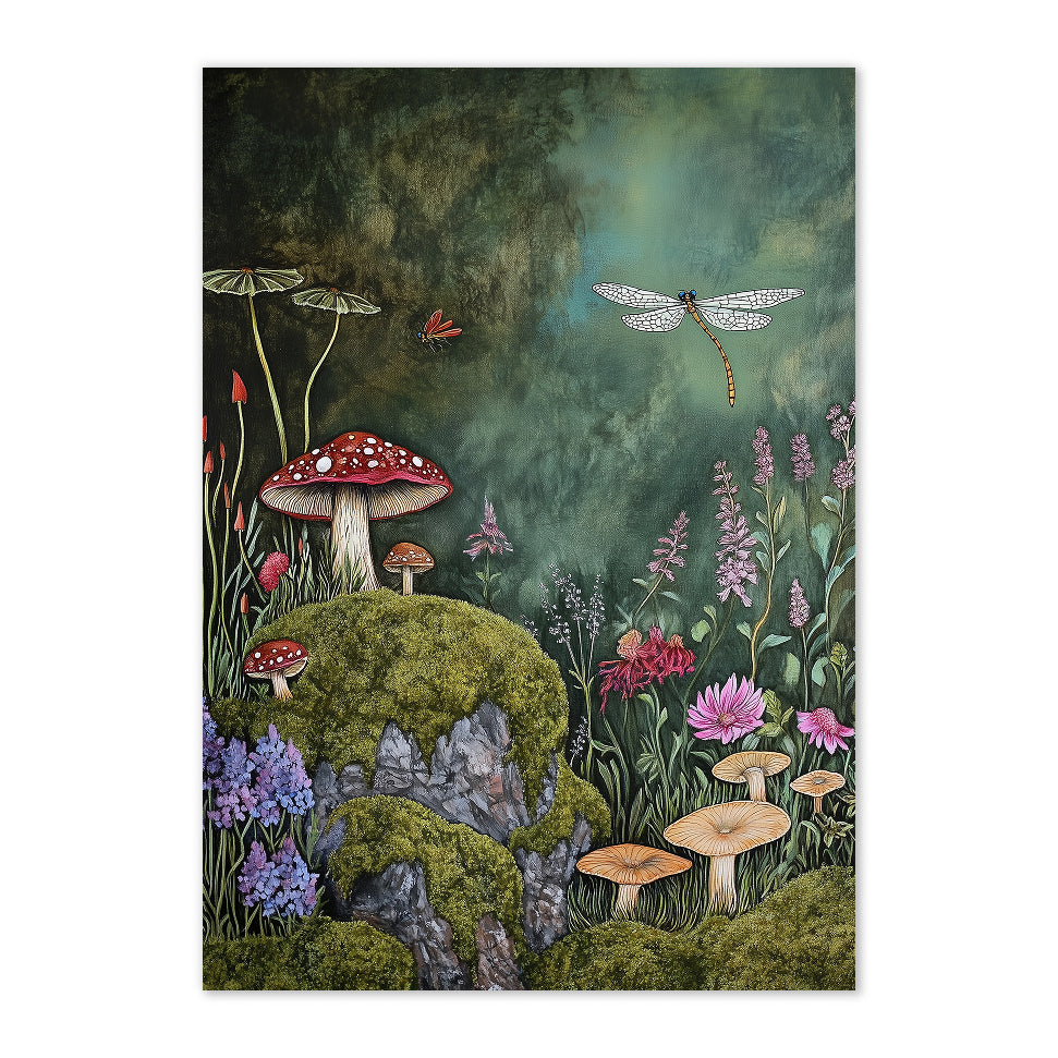Whimsical Mushroom and Dragonfly Forest Art Print: Cottagecore Decor
