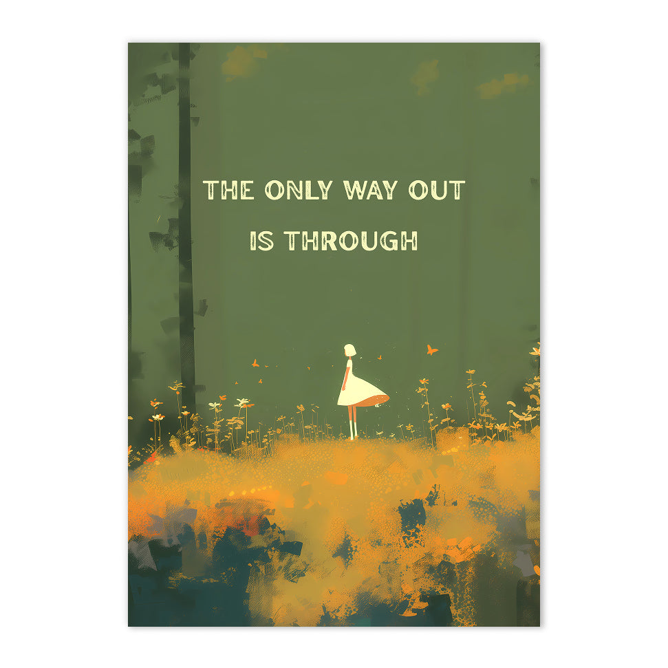 Book cover with a person in a field and text 'The only way out is through' on a green background